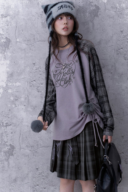 Gray-Purple Raglan Sleeve Printed Drawstring T-Shirt and Plaid Skirt Set