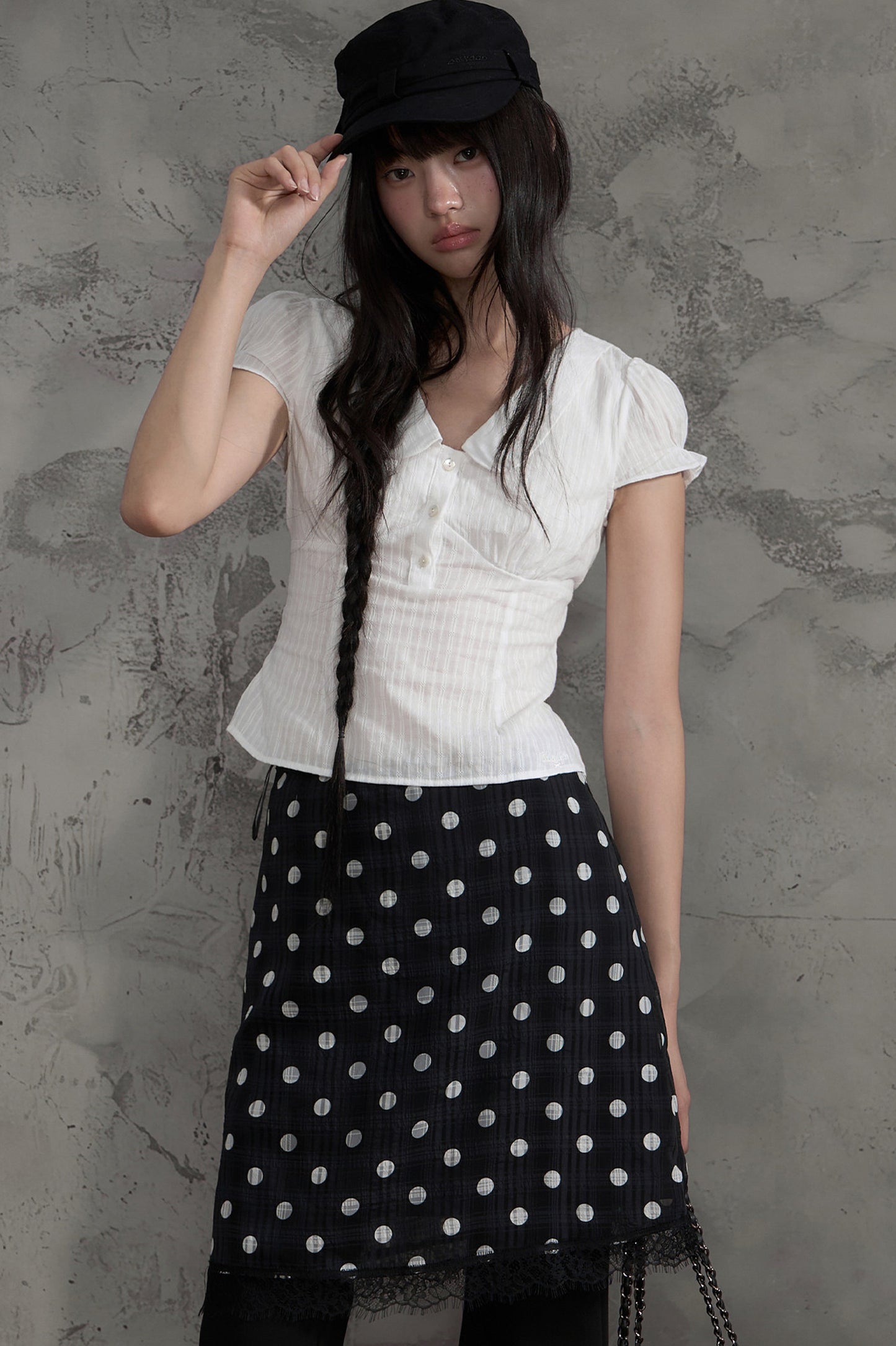 Collar Textured Blouse and Polka Dot Skirt Set-Up