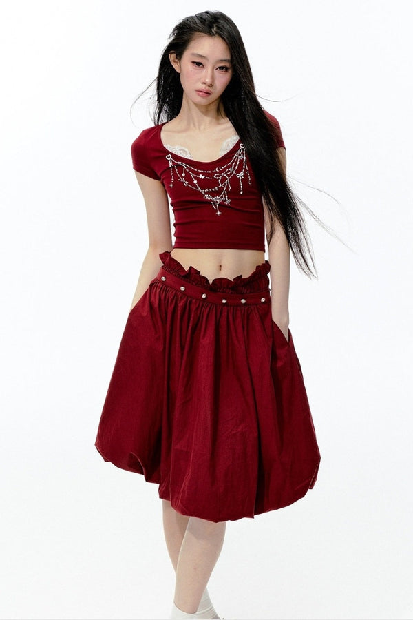 Pearl Rhinestone T-Shirt, Flower Bud Skirt and Pants Set-Up