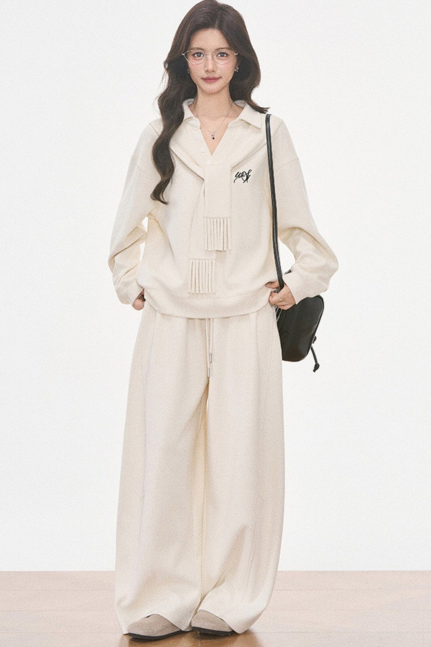 Knit Scarf Sweatshirt and Sweatpants Set-Up