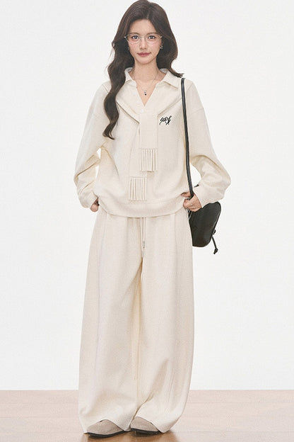 Knit Scarf Sweatshirt and Sweatpants Set-Up
