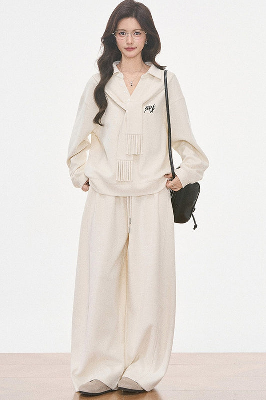 Knit Scarf Sweatshirt and Sweatpants Set-Up