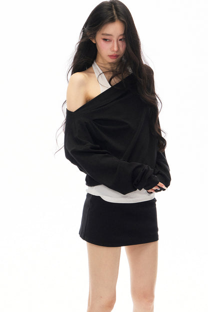 Black Asymmetrical Shoulder Long-Sleeve Top and Skirt Set-Up