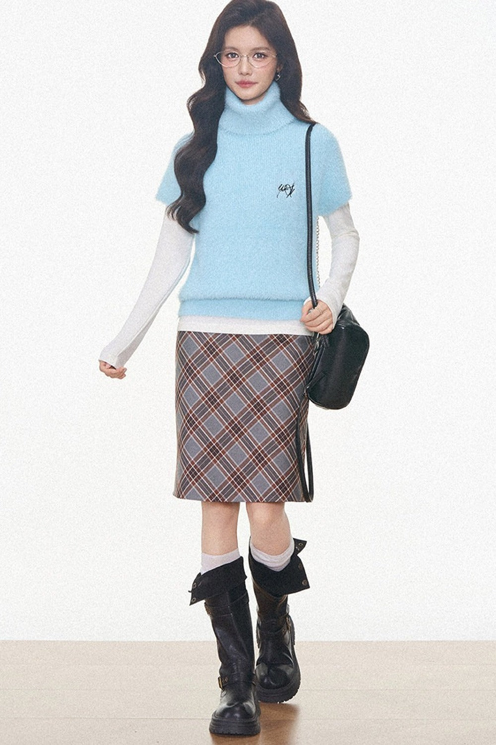 Faux Mink Turtleneck Sweater With Plaid Midi Skirt and Pants Set-Up