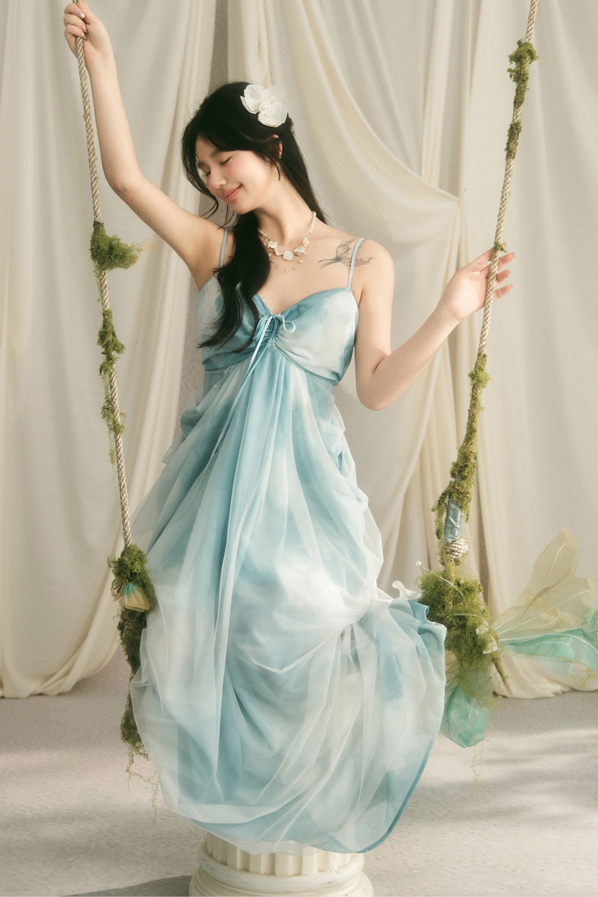 Blue Tie-Dye Cocoon Drawstring Slip Dress