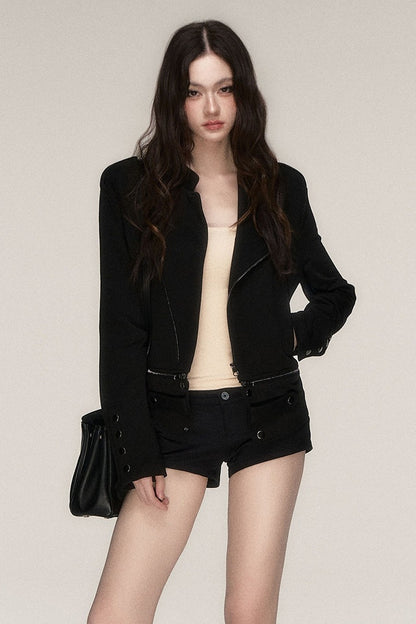 Asymmetrical Metal Zipper Slim Fit Black Jacket