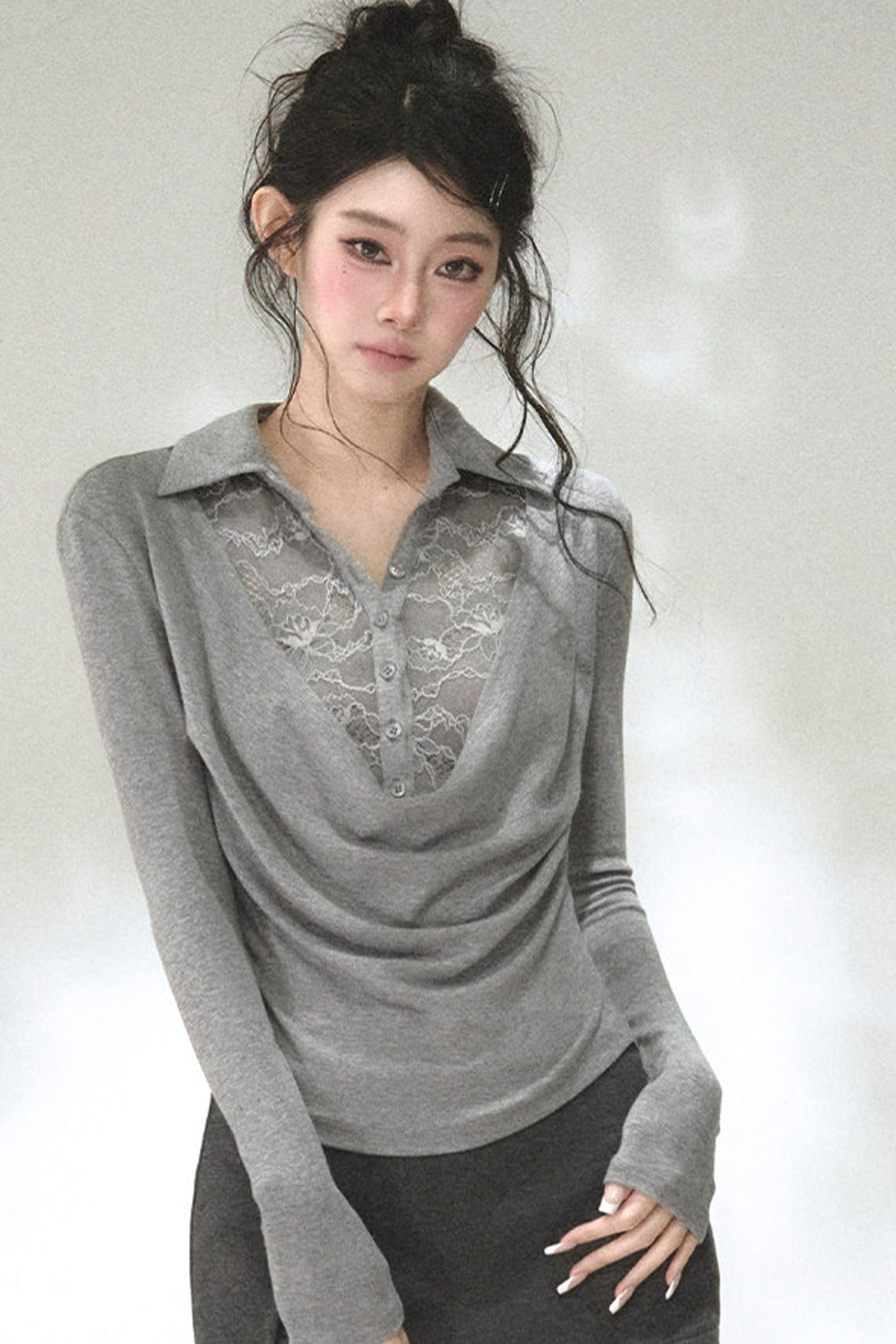 Lace Drape Collar Long-Sleeve Knit Top