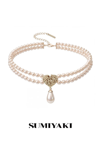 Double Layer Embossed Heart Pearl Necklace