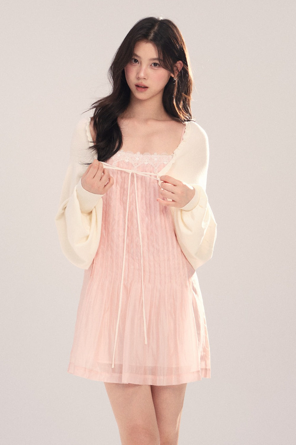 Suspender Dress with Lantern Sleeve Shawl Cardigan Set-Up
