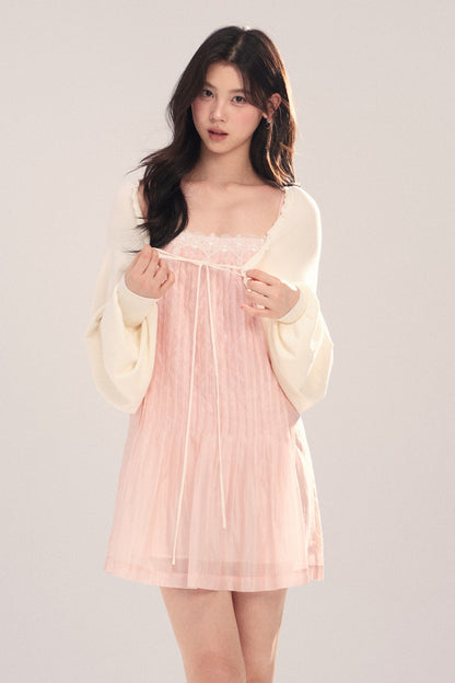 Suspender Dress with Lantern Sleeve Shawl Cardigan Set-Up