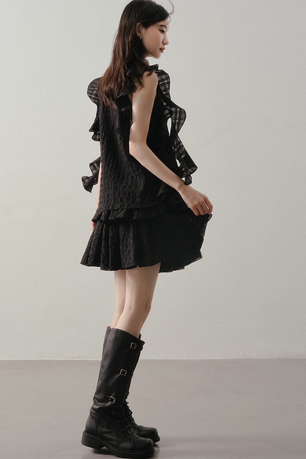 Textured Ruffle Collar Top And A-Line Skirt Set