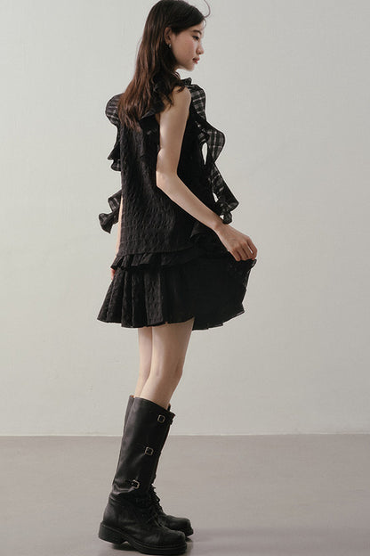 Textured Ruffle Collar Top And A-Line Skirt Set