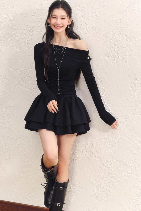 Asymmetrical Collar Long-Sleeved Knit Top and Skirt Set-Up