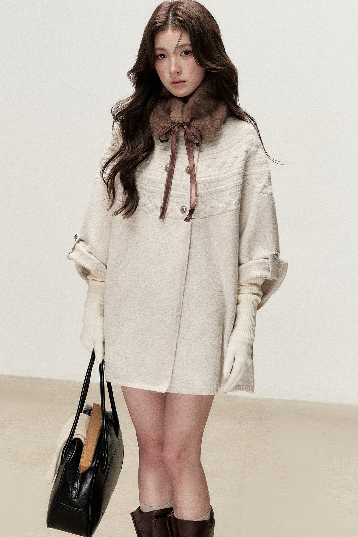 Retro Bow Fur Collar Cardigan