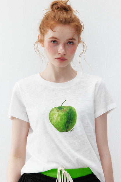 White Green Apple Print Blouse