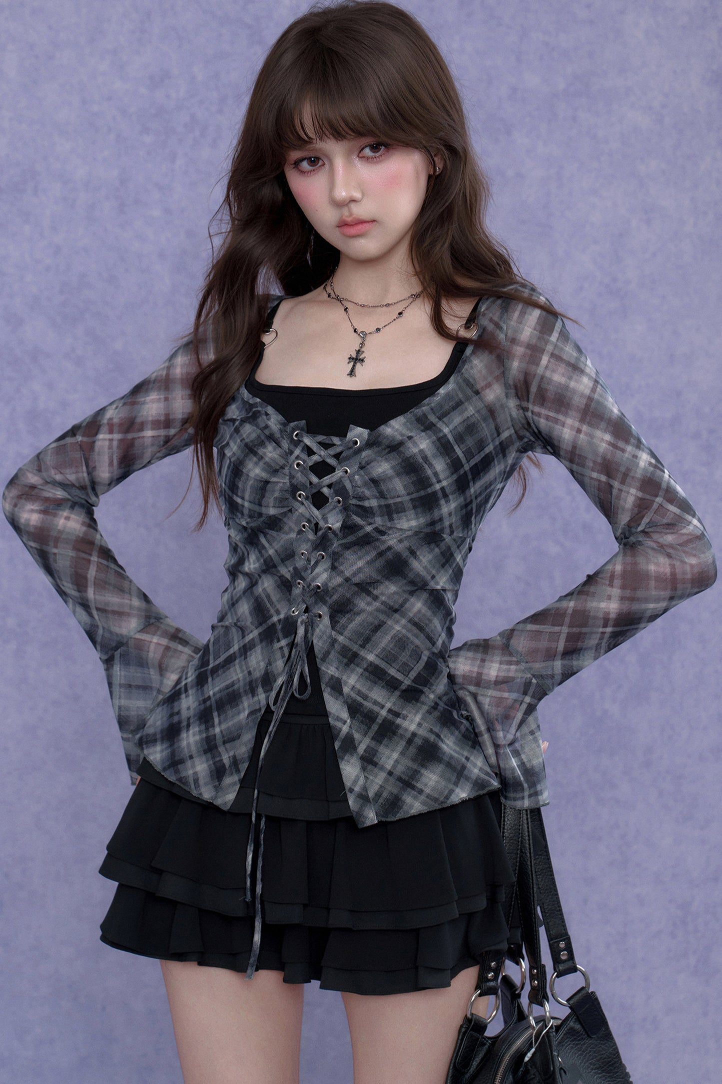 Plaid Tie-Neck Slim Top Set-Up
