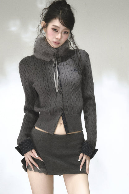 Color-Blocked Polka Dot Cable Knit Cardigan