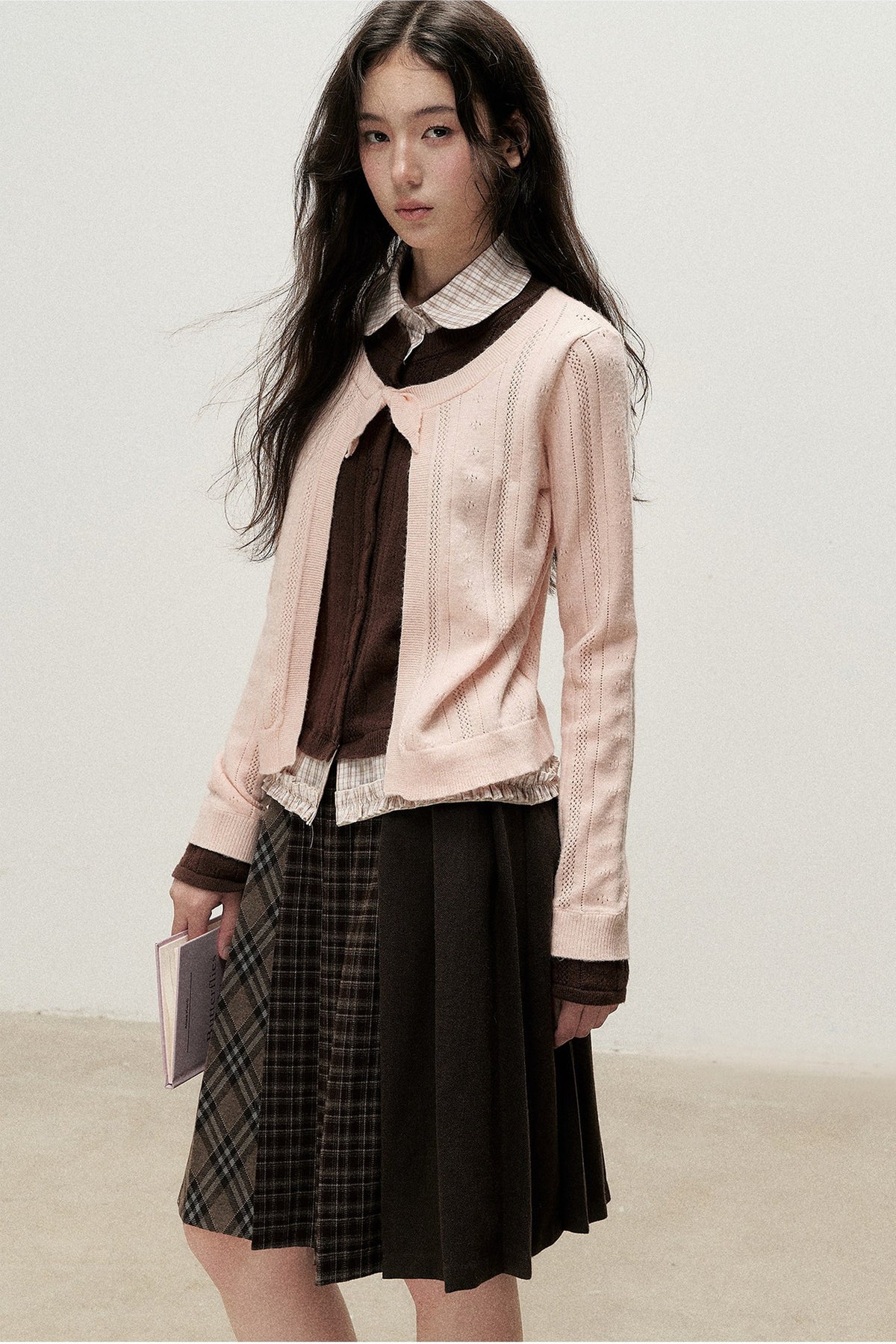 Plaid Collar Layered-Look Knit Top