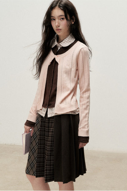Plaid Collar Layered-Look Knit Top