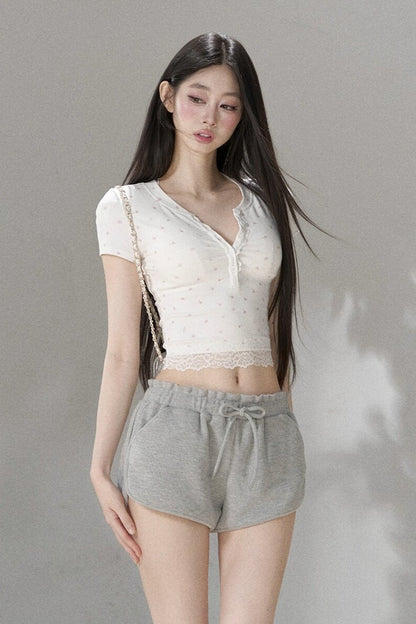 Floral Print Henley Lace Trim Top