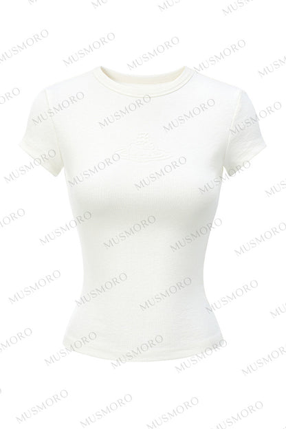 Embossed Cat Irregular Hem Bamboo Cotton T-Shirt