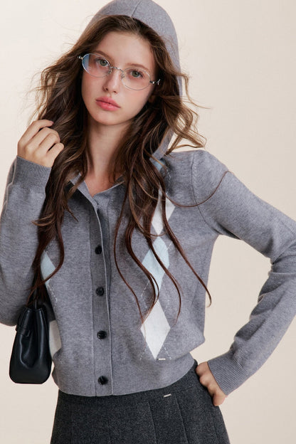 Cardigan con cappuccio a maniche lunghe, monopetto e fantasia a rombi