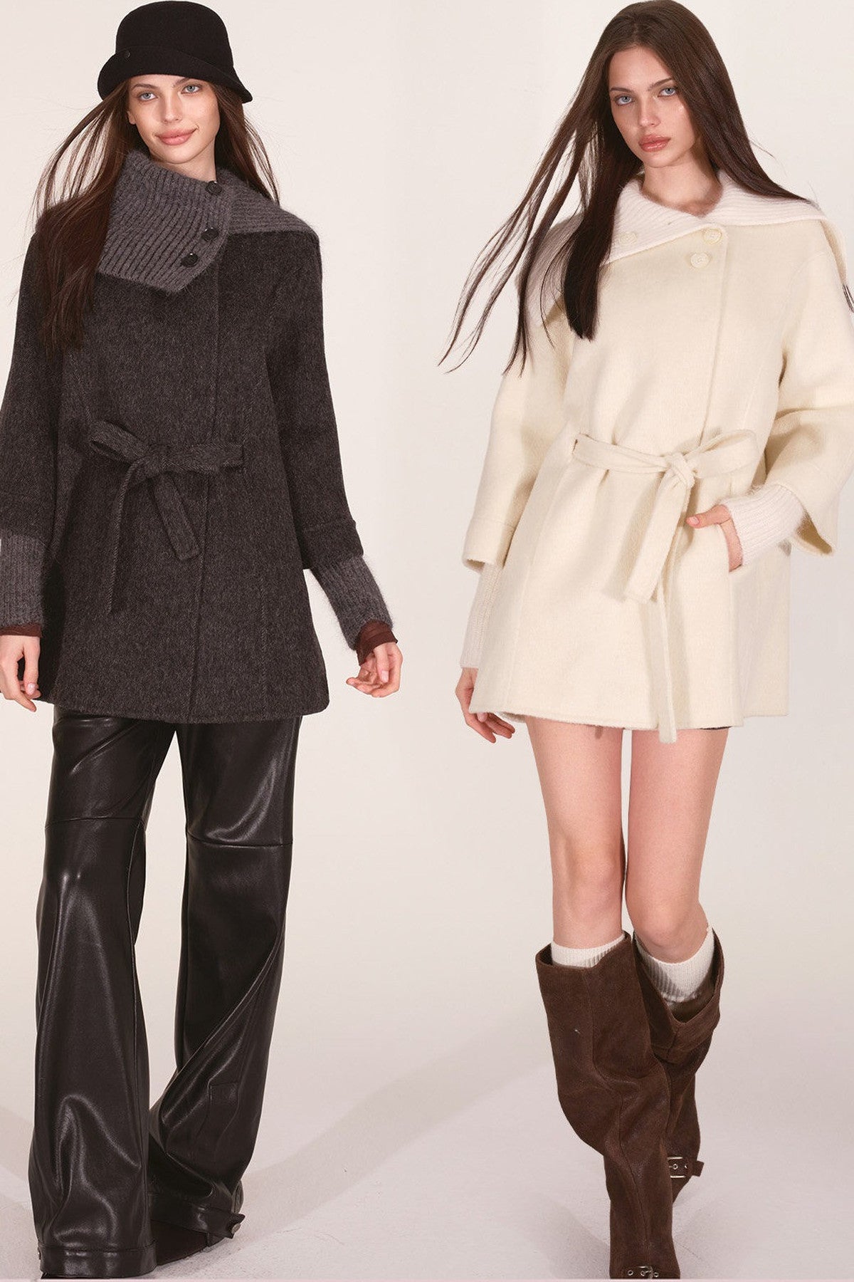 Asymmetrical Knit Collar Tie-Up Wool Coat