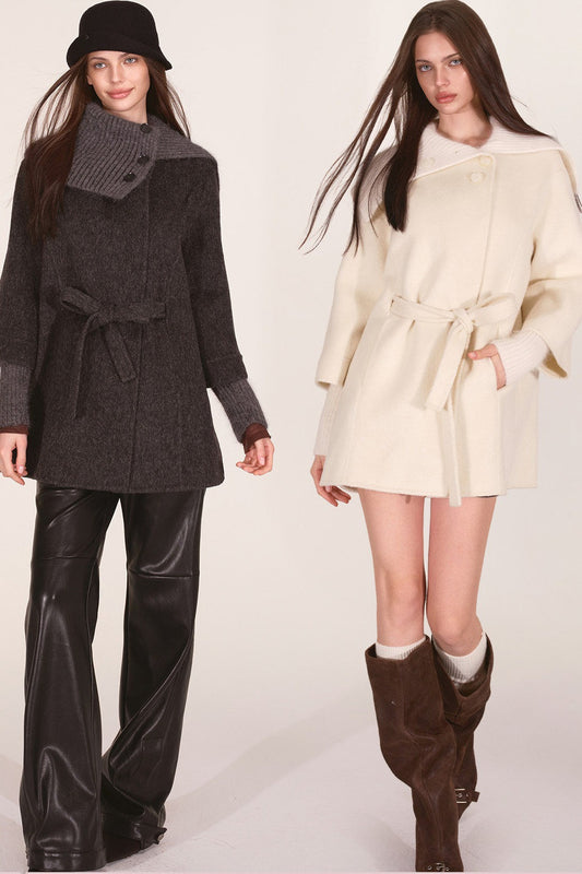 Asymmetrical Knit Collar Tie-Up Wool Coat