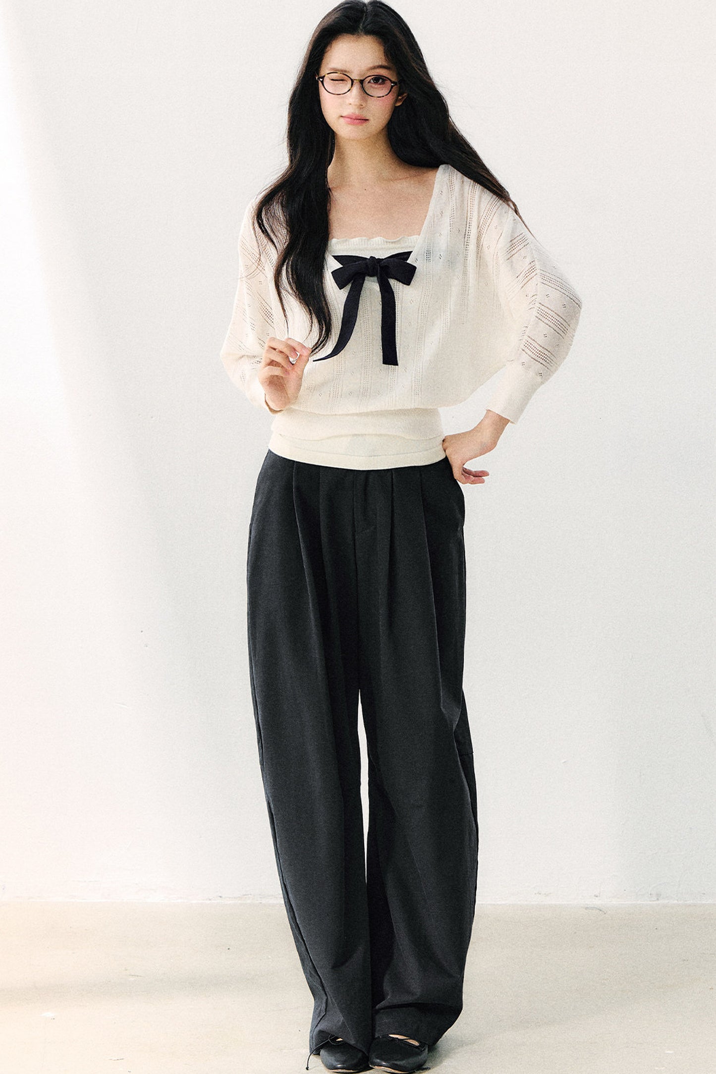 Bowknot Hollow-Out Knit Cardigan And Inner Top Set