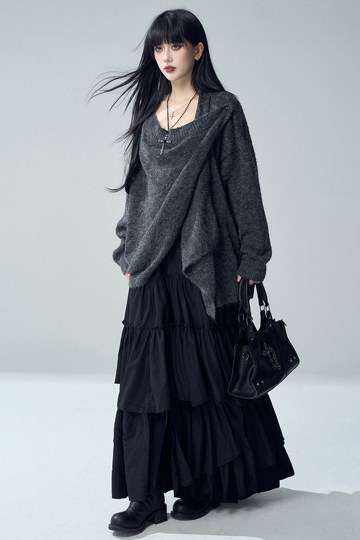 Black Irregular Ruffle Skirt