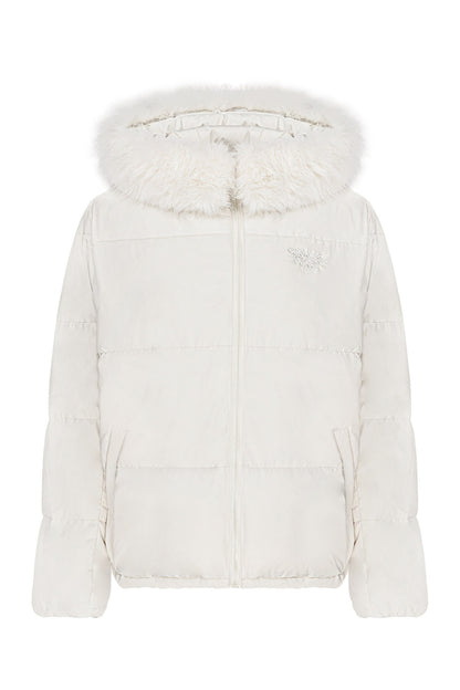 Blue Hooded Down Jacket and White Trousers Set-Up