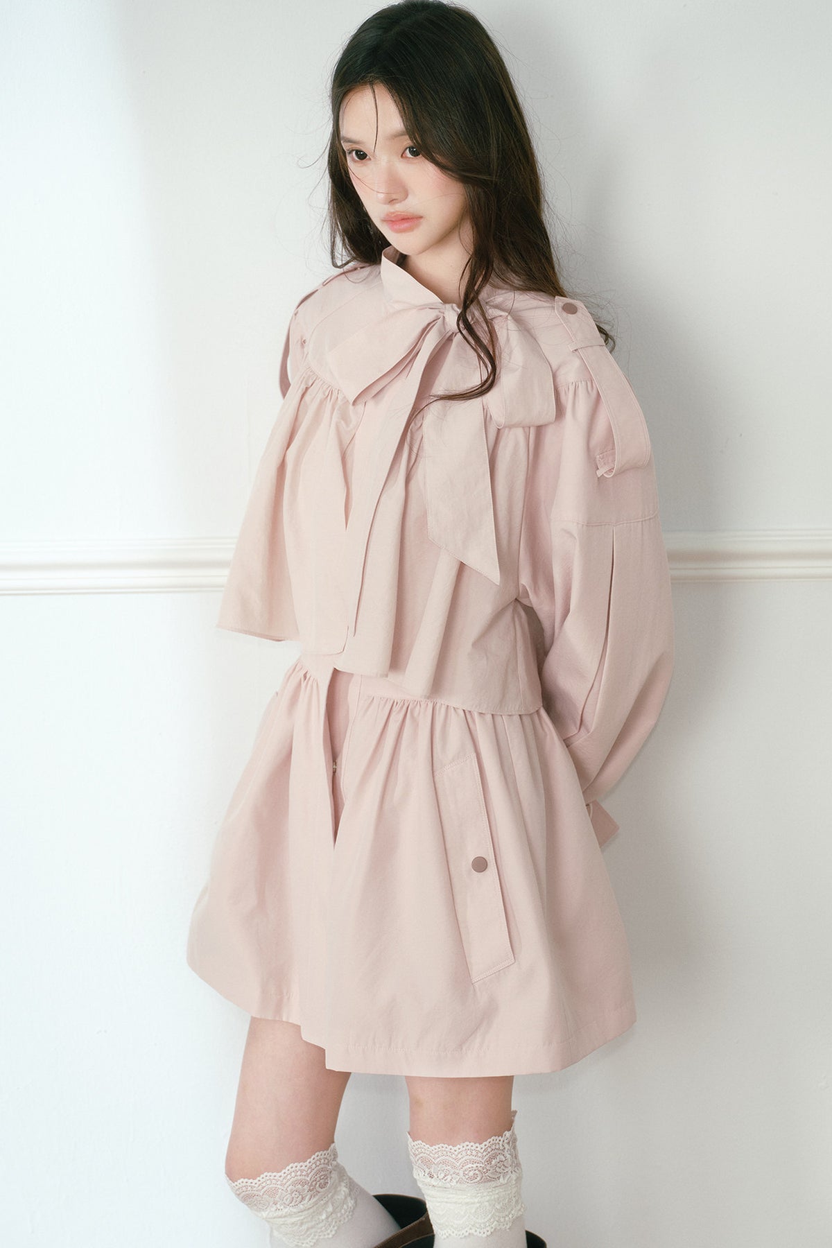 Ruched Bow Tie Cape Trench Coat