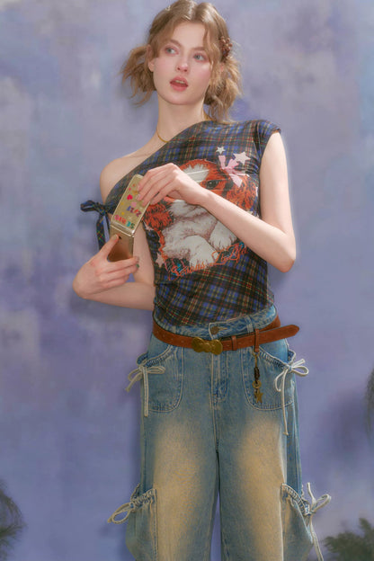 Star Dream Off-Shoulder Plaid T-Shirt