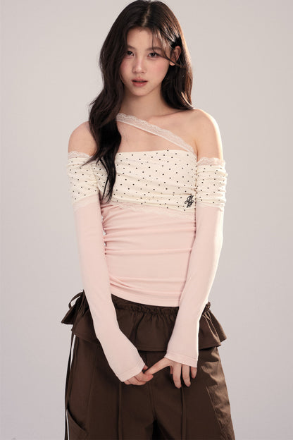 Polka Dot Spliced Lace Off-Shoulder T-Shirt