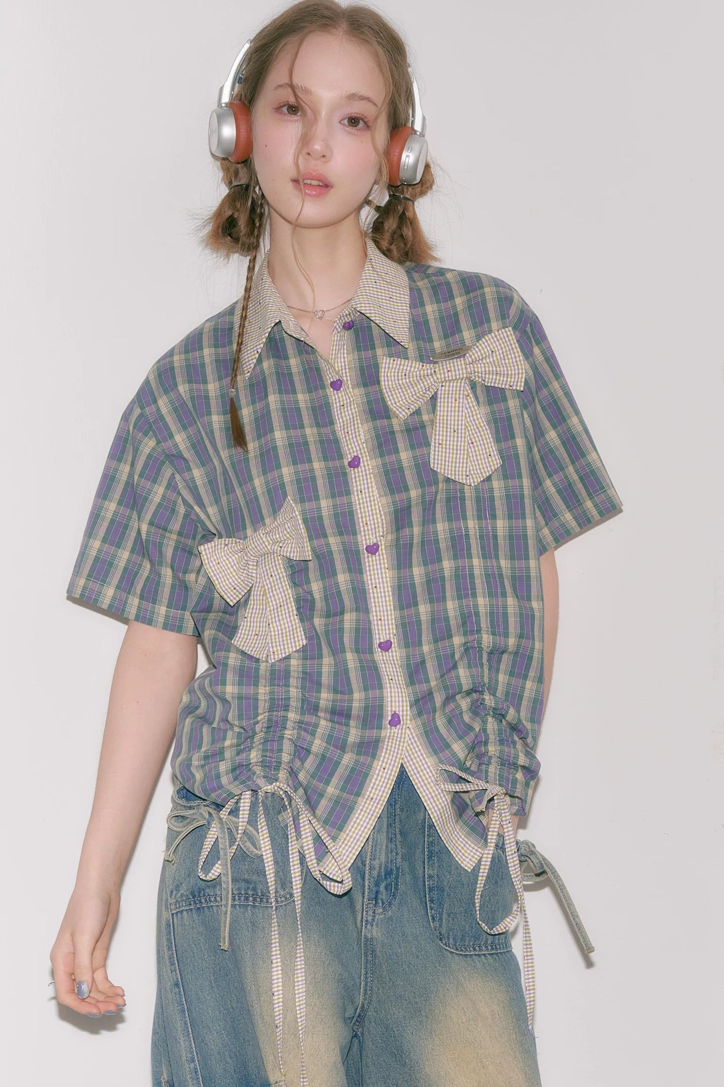 Purple Green Plaid Bow Drawstring Shirt