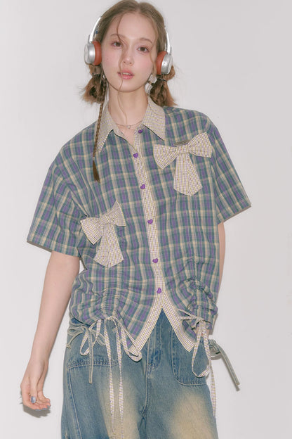 Purple Green Plaid Bow Drawstring Shirt