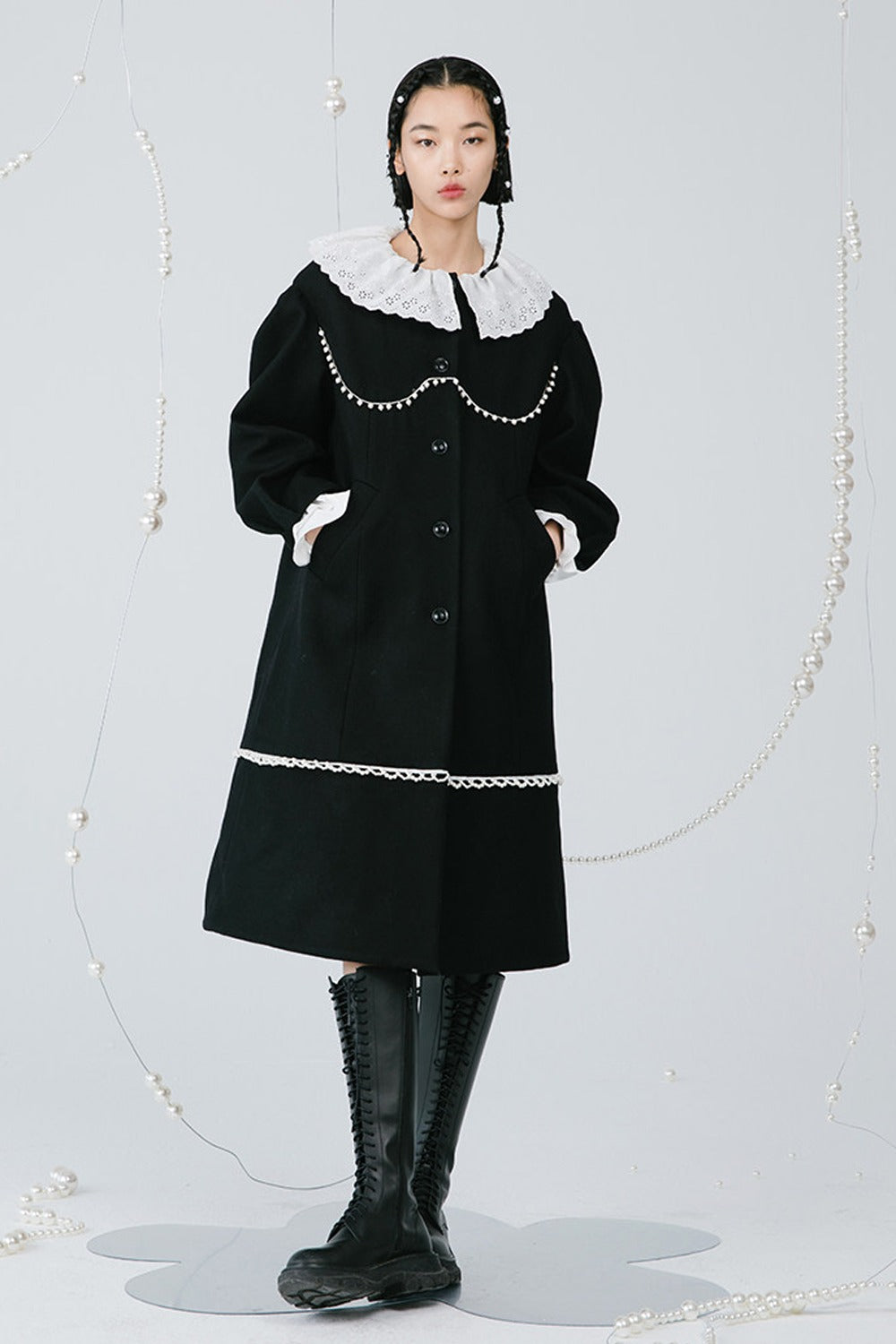 Black Pearl Lace Wool Coat