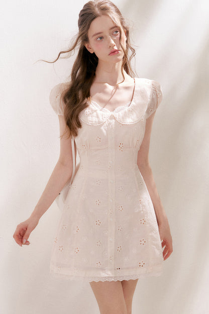 Five-Petal Flower Embroidered Cotton Doll Collar Dress