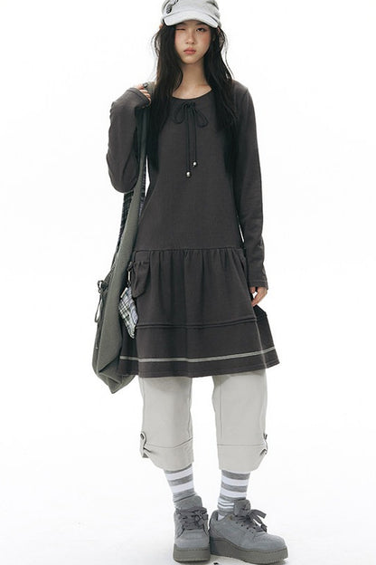 Long-Sleeved Knit Round Neck Tie Dress