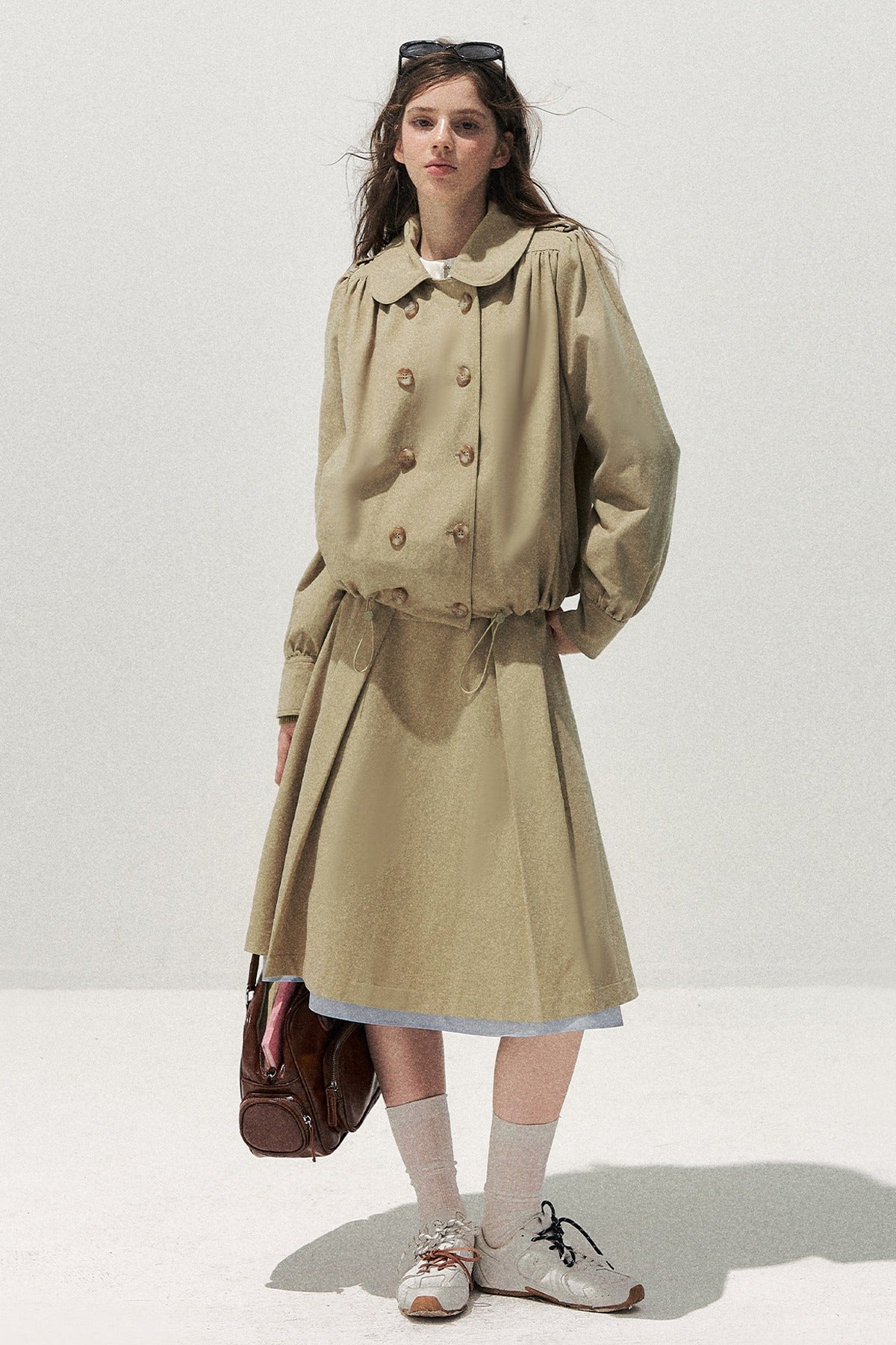 Khaki Short Trench Coat and Skirt Set-Up