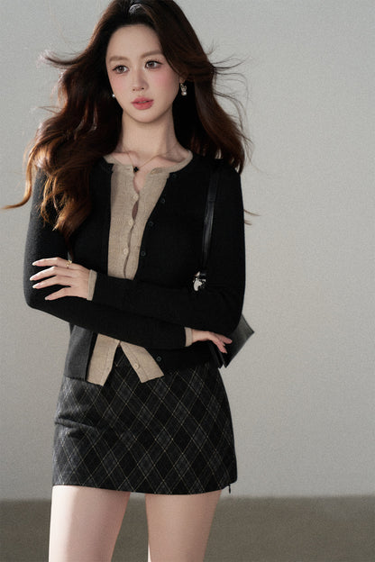 High-Waisted Woolen Plaid Skirt