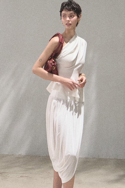 Irregular High-Waisted White Slit Skirt