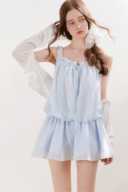 French Style Puff Sleeve Ruffle Trim Cardigan and Dress Set