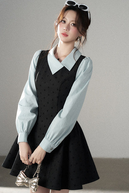 Black Polka Dot Asymmetrical Collar Dress