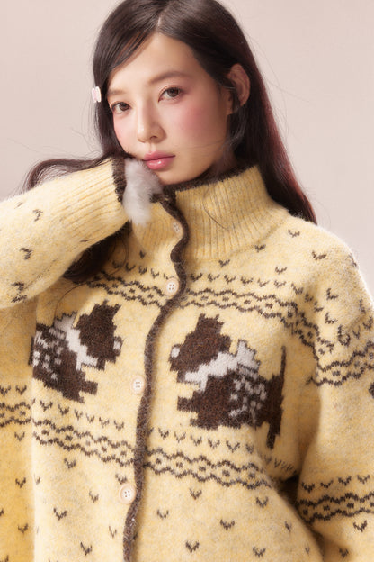 High Collar Dog Knit Cardigan