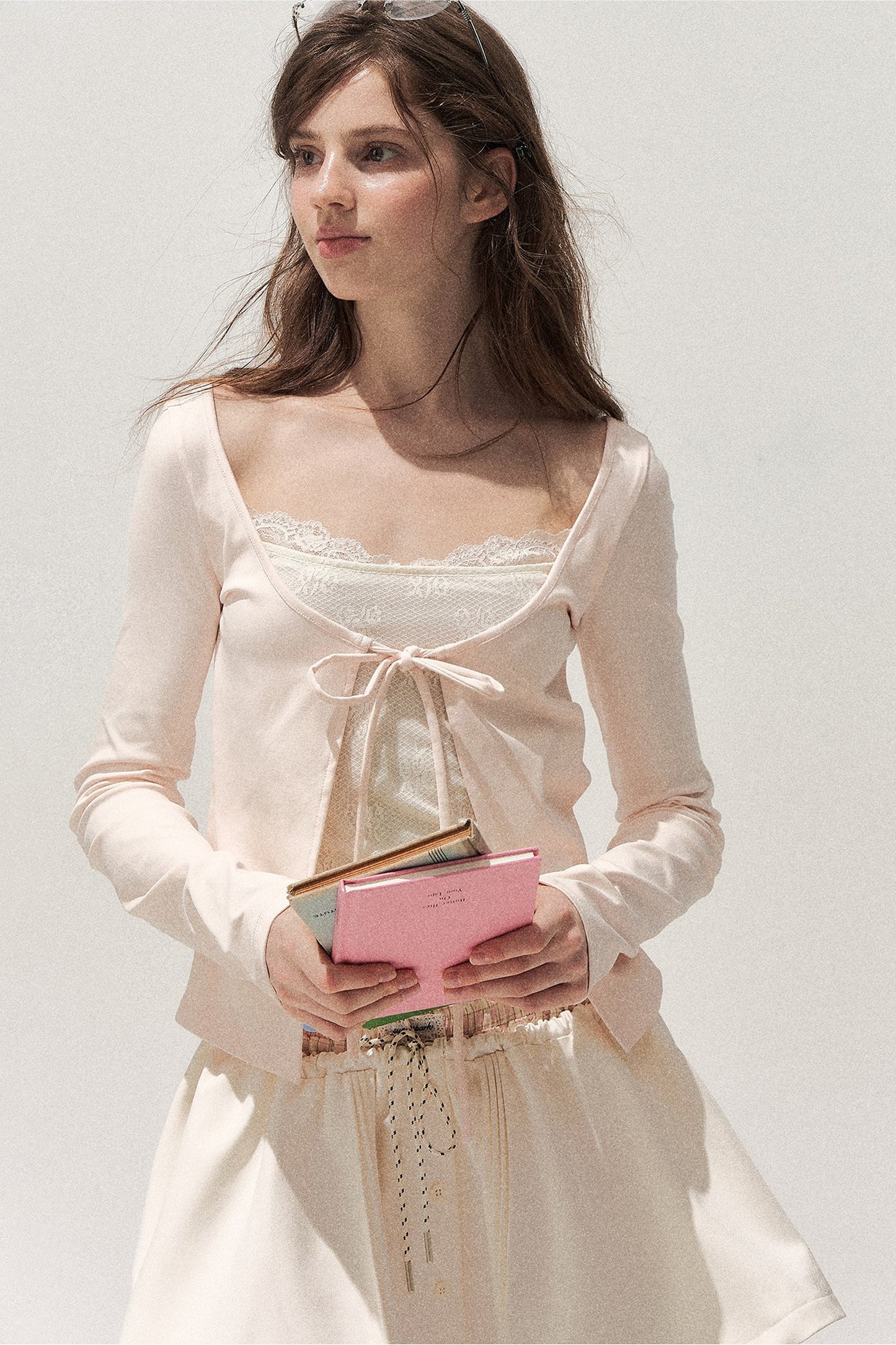 Lace Spliced Tie-Up Long Sleeve Top