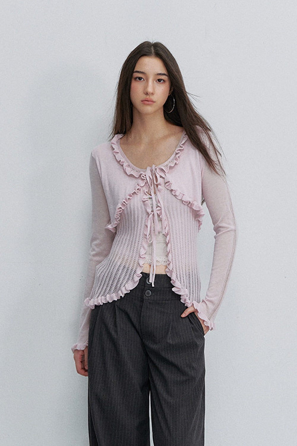 Ruffle Tie Hollow Out Knit Cardigan