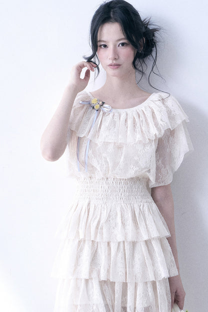 Layered Lace Ruffle Flutter Sleeve Tiered Dress
