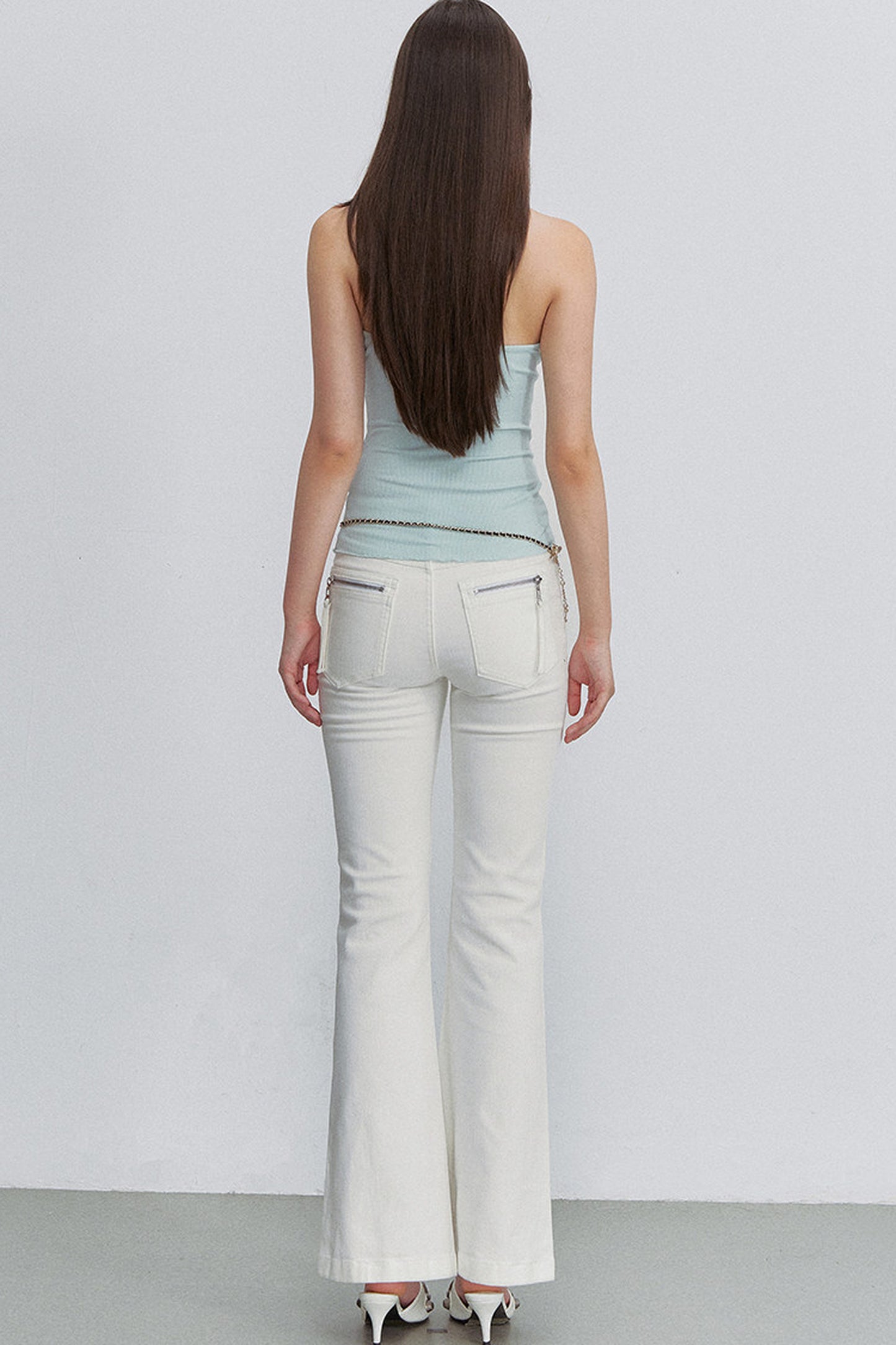 White Bamboo Texture Flared Denim Pants