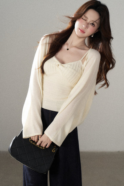 V-Neck Knitted Cardigan and Camisole Set-Up
